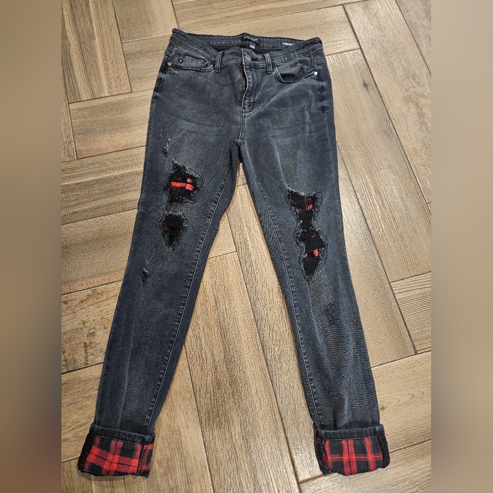 Judy Blue Charcoal Boyfriend Jeans with Plaid Details